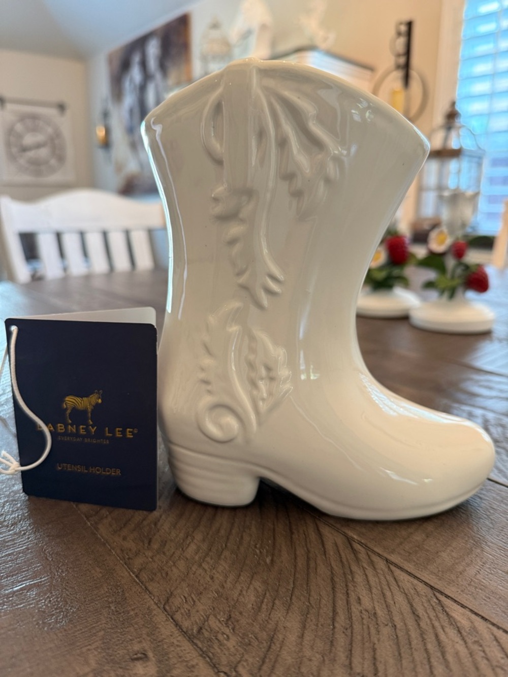 Dabney Lee White Ceramic Cowboy Boot Utensil Holder